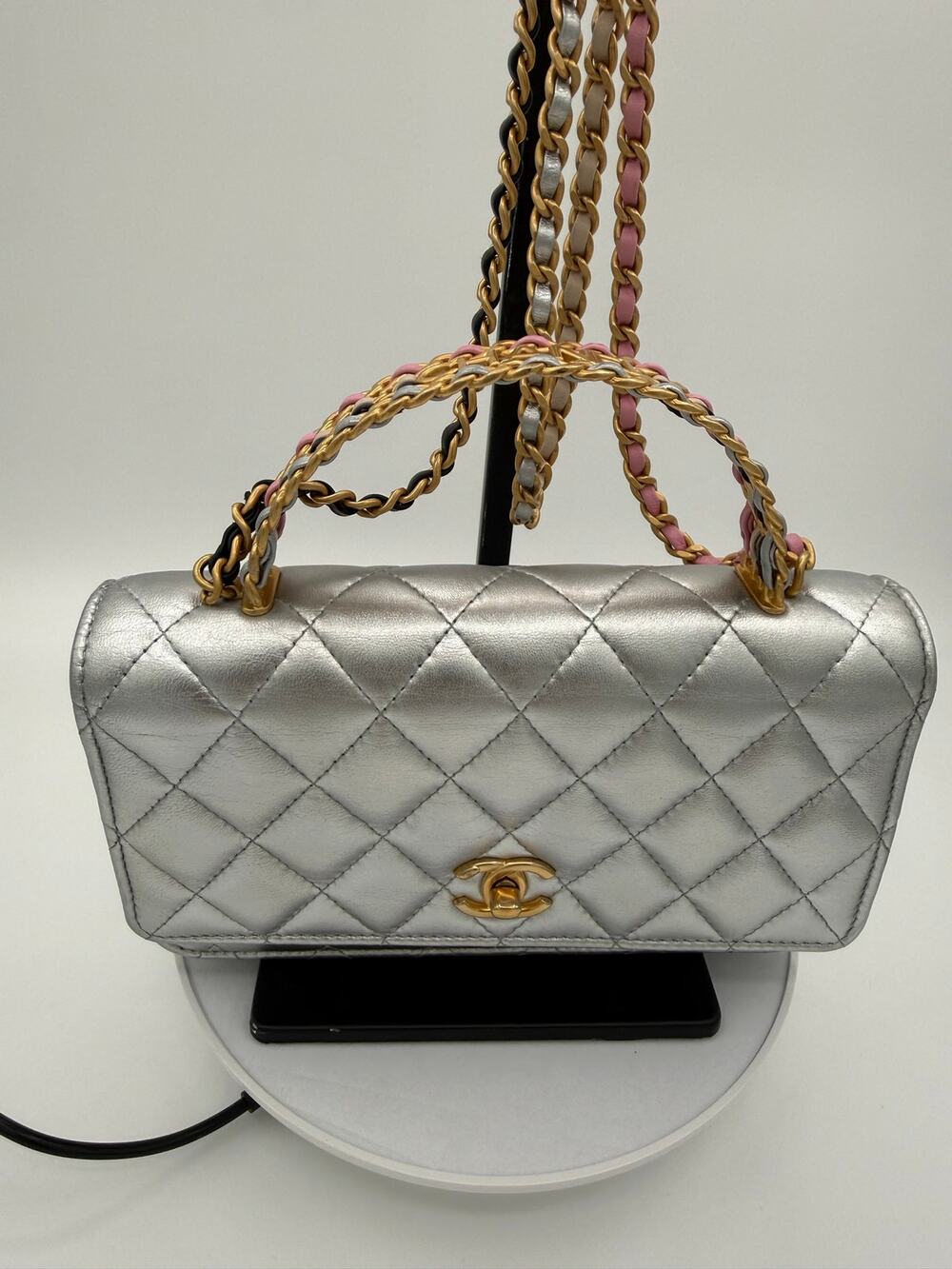 Chanel Rainbow Woven Top Handle Wallet on Chain in metallic silver